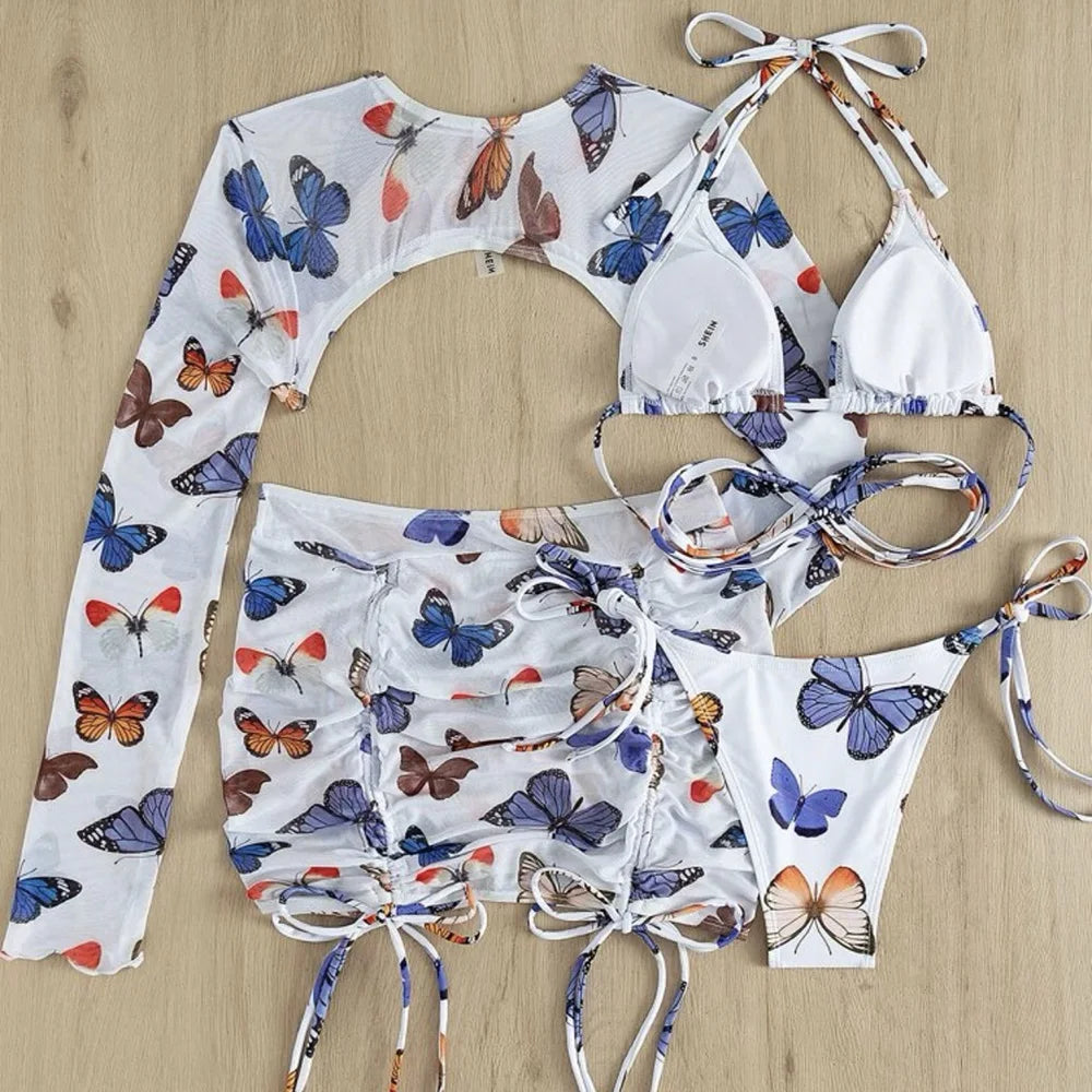 White Butterfly Print Swimwear Cover Up Bikinis Sets 3 Pieces Sexy Swimsuit Women 2026 Beach Wear Halter String Triangle Bikini
