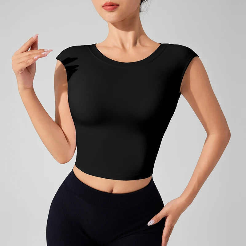 Women's Backless Fitness Clothes with Fixed Chest Pad Beautiful Top Short Sleeve Dance SportT-Shirt Yoga Wear