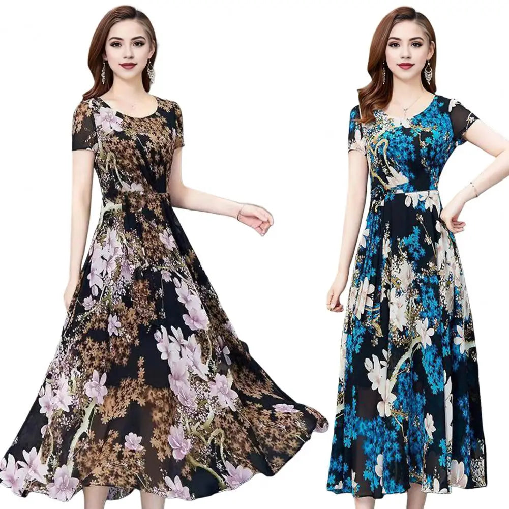 Summer Women Dress Floral Print A-line Big Hem High Waist Short Sleeves Round Neck Pleated Mid-calf Length Party Commute Dress