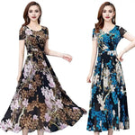 Summer Women Dress Floral Print A-line Big Hem High Waist Short Sleeves Round Neck Pleated Mid-calf Length Party Commute Dress