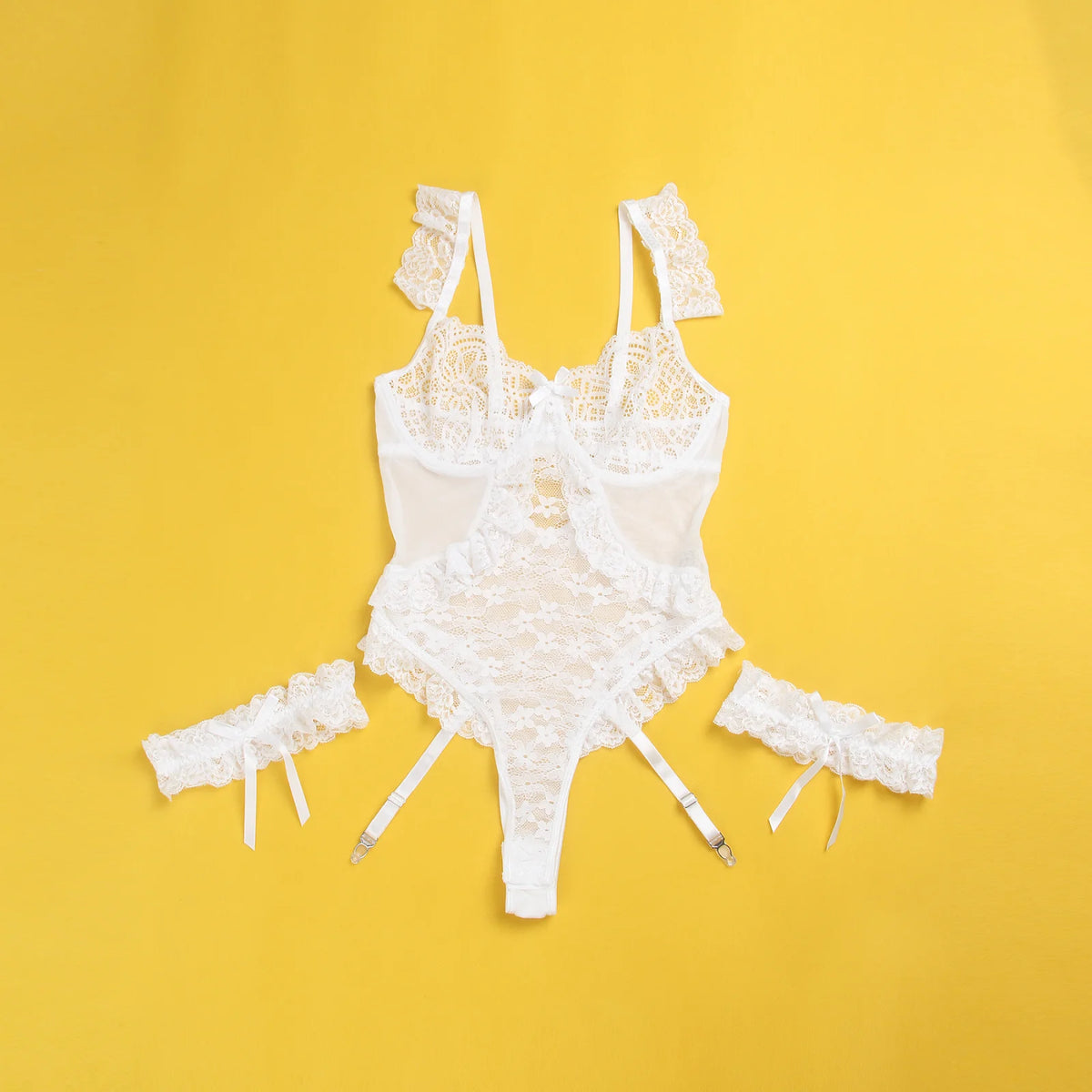 Plus Size Sheer Mesh Teddy Bodysuit for Women Sexy Lace Lingerie Set with Adjustable Garter Belt Curvy Nightwear Romantic Outfit