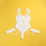Plus Size Sheer Mesh Teddy Bodysuit for Women Sexy Lace Lingerie Set with Adjustable Garter Belt Curvy Nightwear Romantic Outfit