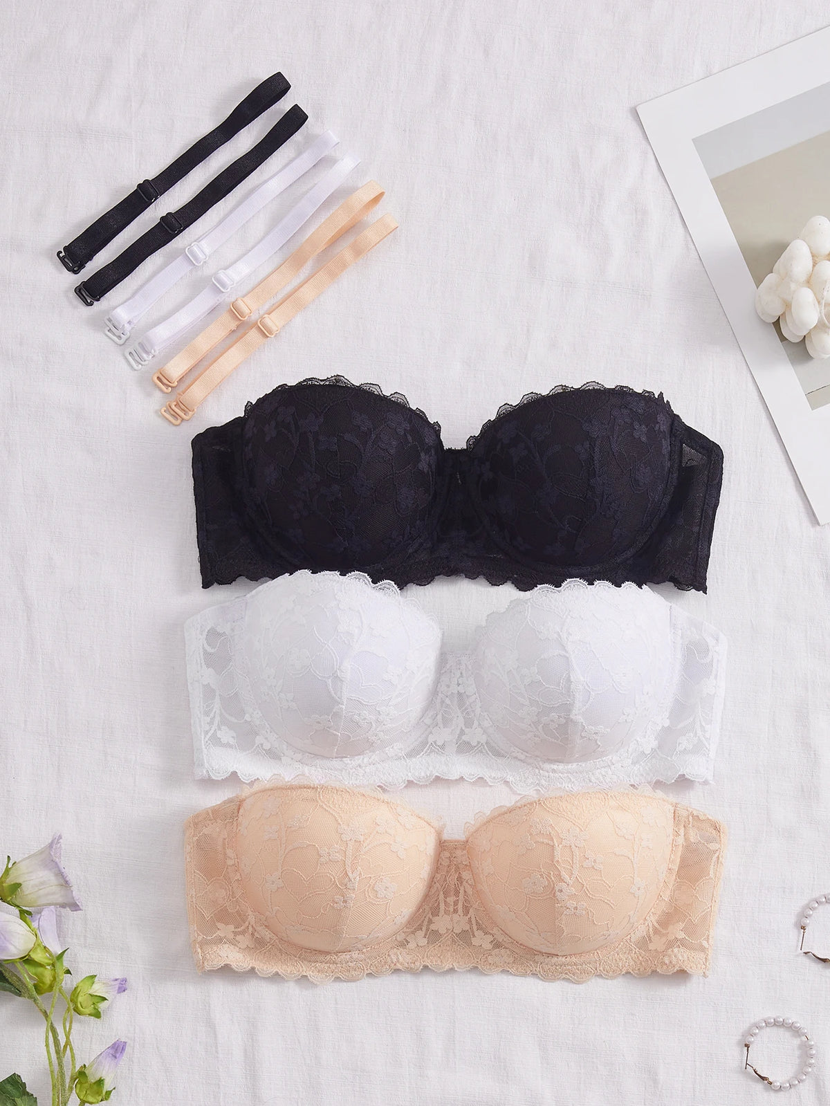 3 Pack Strapless Lace Women Bra Detachable Adjustable Strap Underwire Push Up Bra Support Everyday Ladies Bandeau Bra