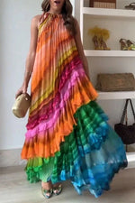 Rainbow Stripe Sleeveless Long Dresses Women Fashion Fold Layered Loose A-line Maxi Dress Temperament Lady Commuting Vestidos