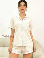 Women's Cotton Polka Dot Printed Pajama Set With Contrast Trim Button-Down Shirt & Shorts Homewear Summer Set Two Pieces Set Pj