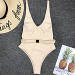 V Neck Ribbed High Leg Cut Women Swimwear One Piece Swimsuit Female Backless Monokini Bather Waist Belt Bathing Suit Swimwear