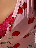 Pajamas Women's Sexy Onesies Bodysuit Casual Cherry Print V-neck Front Button Long Sleeve Slim Fit Jumpsuit Sleepwear