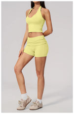 2PCS Yoga Set Women V-neck Cross Neck Shock-absorbing Sports Vest Workout Pleate Flip High Waist Shorts Gym Runing Fitness Suits