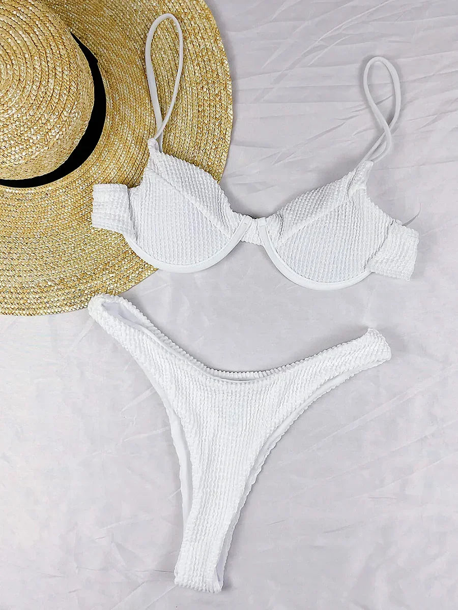 Wrinkled Underwired V-Bar Bikini Swimsuit Female Swimwear Women Two-pieces Bikini set High Cut Bather Bathing Suit Swim Lady