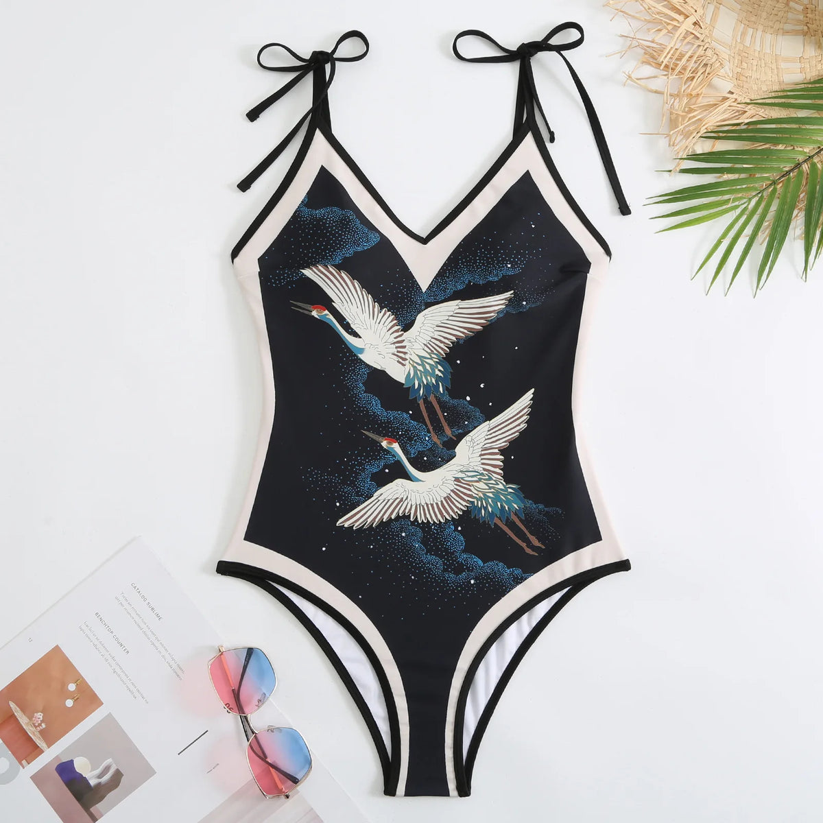 Sexy One-piece Swimsuit with Skirt Swimwear Women Flower Bird Print Body Bathing Suit Beach Swim Pool 2024 Female Swimming Suit