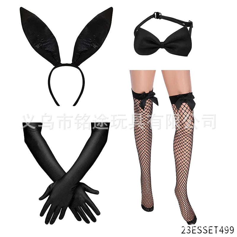 Easter Bunny Girl Cosplay 3-Piece Prop Set - Satin Headband Fluffy Rabbit Tail for Halloween Christmas