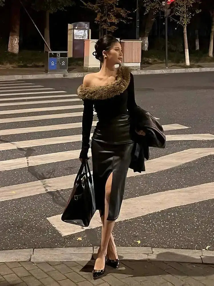Sexy One Step Split PU Leather Half Skirt For Women's New High Waisted Slim Streetwear Black PU Fashion Womne Mini DressYTM8