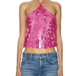 Women Solid Color Camis Tops Sequins Tie-Up Halter Neck Casual Summer Sleeveless Loose Fit Camisole Streetwear