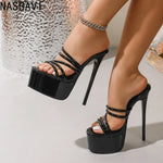 Summer Nightclub Round Toe Peep toe 16cm Extreme Platform High Heels Slippers Ladies Sexy Model Strap Sandals Mules Slides Shoes