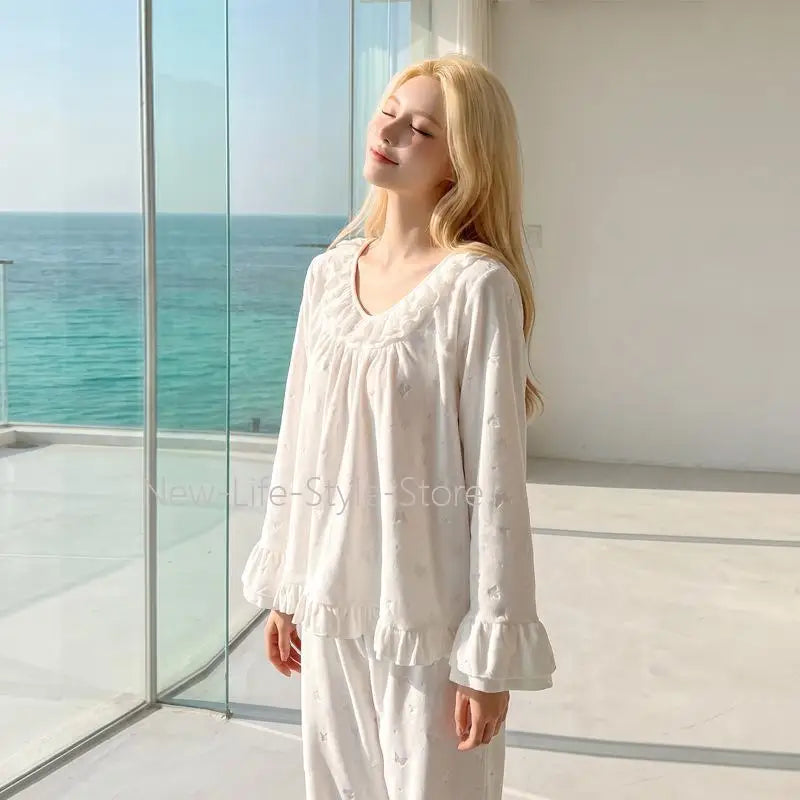 Autumn Winter French Cute Butterfly Jacquard Double Sided Fleece Warm Long Sleeve Homewear Sleepwear Women Island Velvet Pajamas