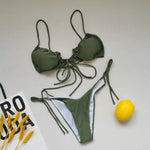 New Women's Sexy Swimsuit Loop Strap Bikini Set Double Face Plain Swimwear Lace Up Beach Clothes Swimming Pool Party Essential