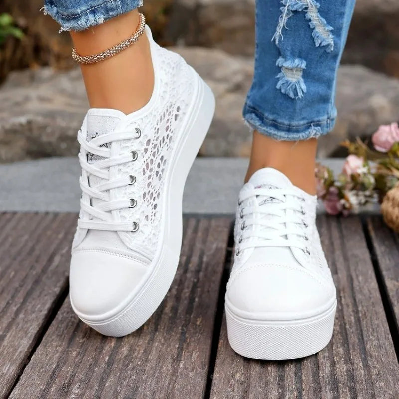 Fashion Women Shoes 2026 Fashion Summer Casual White Shoes Cutouts Lace Hollow Breathable Platform Flat Shoes Woman Sneakers