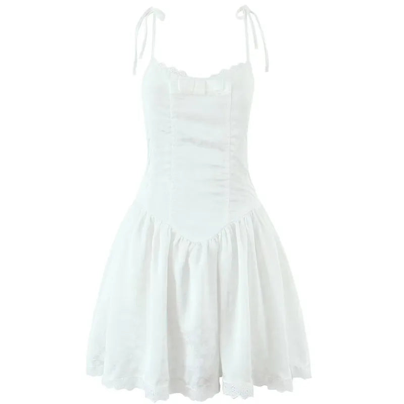 Women's Dark Pattern Bow Cute Sweet Princess Dress White And Pink Strap Mini Dress With Lace Trim Bow And Flared Ruffle Hem SK6A