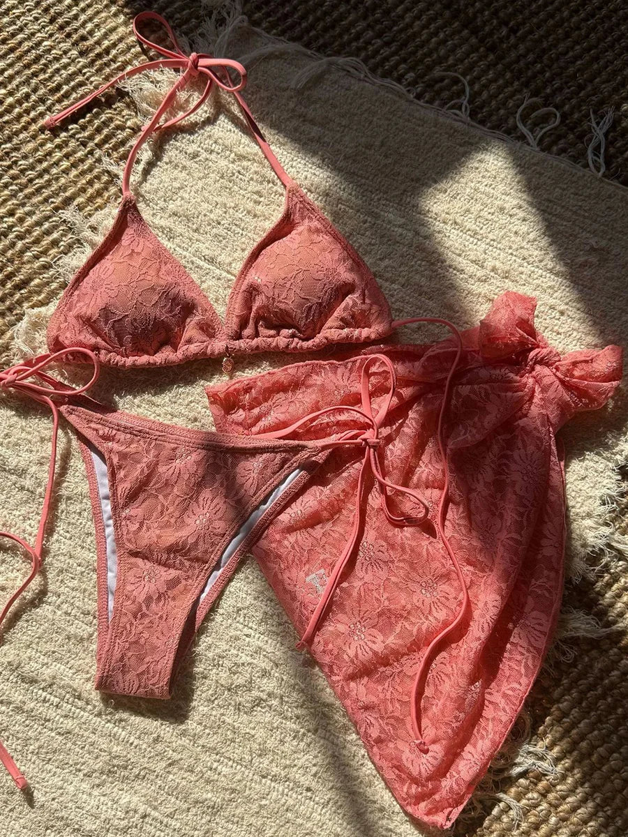 with Mesh Sarong Lace Halter High Cut Bikini Female Swimsuit Women Swimwear Three-pieces Bikini Set Bathing Suit Swim Beachwear