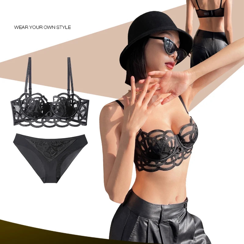 French Sexy Lingerie Set Women Ultra Thin Lace Breathable Bra Set Summer Soft Cup Comfort Underwear Bralette and Panties Thong