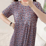 Summer Women Dress Small Flower Print Crew Neck Loose Short Sleeves Pleated Dating Shopping Midi Dress Mid-calf Length Pullover