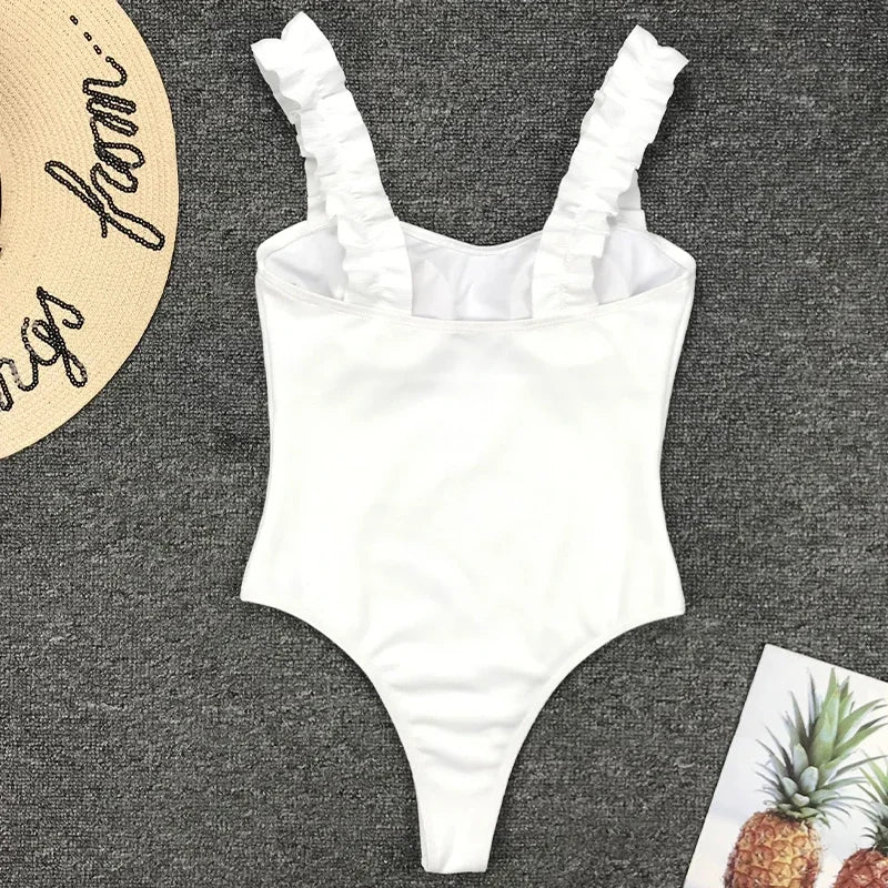 Sexy White Frill Trim Ruffled Ribbed Female Swimwear One Piece Swimsuit Women Monokini High Cut Bather Bathing Suit Swim Lady