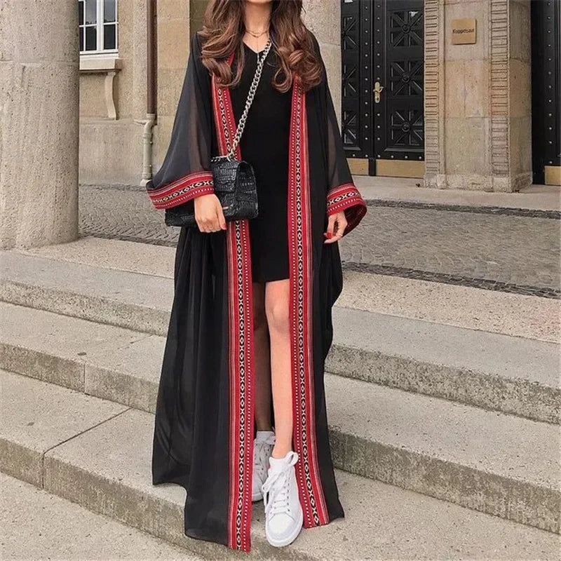 White Chiffon Long Maxi Kimono Cardigan Women Beach Cover Up Embroidery Edge with Belt Tunica Kaftans Femininos Beachwear 2026