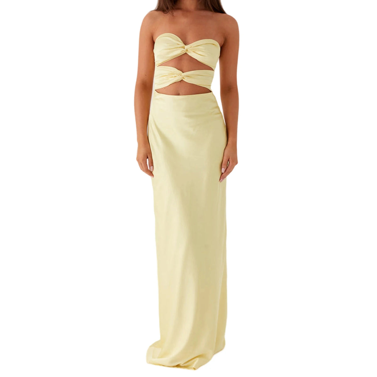 Women's Fashion Elegant Hollow Out Tube Dress Strapless Twist Front Solid Color Bodycon Summer Party Club Long Dresses