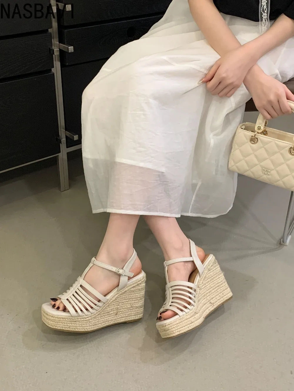 9cm Heeled Wedges Ankle Sandals Black Dress Shoes for Women T-Strap Silver Chunky Heels Summer Platform Bohemia Sandals 2026