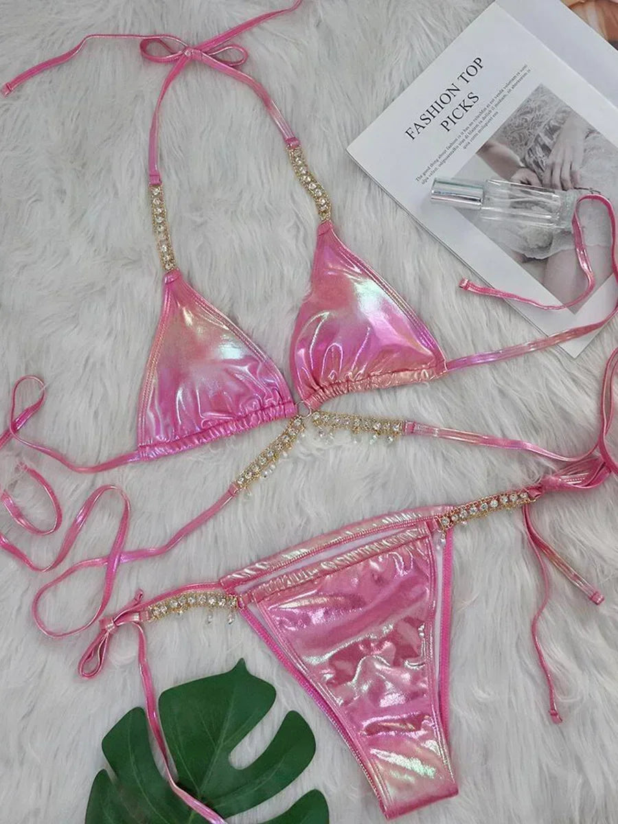 PU Faux Leather Bikinis Wrap Around Diamond Bikini Women Swimsuit Female Swimwear Two-pieces Bikini Set Halter Bathing Suit Swim