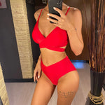 S - XL New 7 Colors V Neck High Waist Bikini Female Swimsuit Women Swimwear Two-pieces Bikini Set Bather Bathing Suit Swim V5006