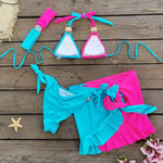 Sexy Skirt 4 Pieces Bikini Set Women Luxury Blue Patchwork Rhinestone Push Up Cover Up Swimsuit 2024 Beach Bathing Suit Swimwear