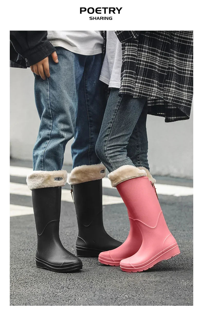 Women's Rain Boots Anti Slip Thick Soles Outdoor Long Tube Rain Boots Waterproof Fashion Wear-resistant Kitchen Women's Boots