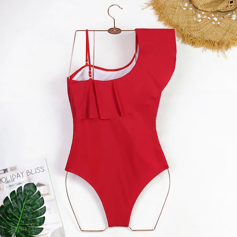 2025 Women's Ruffled One Piece Swimsuit Femme One Shoulder Backless Bathing Suit Sexy Monokini Beachwear Female Bodysuit