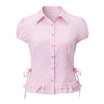 Women Plaid Shirts Button Down Puff Short Sleeve Lapel Neck Tops Fashion Slim Fit Ruffle Trim Blouses Summer