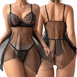 Mini Gauze Sheer Nightgown Set Women Sexy Lingerie Ultra-Short Hot Drees Summer Body Suit Spaghetti Strap Pajamas With G-string