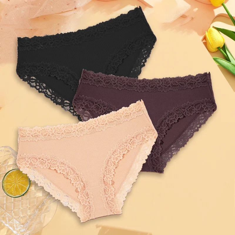 3Pcs Sexy Cotton Lace Panty Women Low Waist Panties Underwear S-XL Solid Color Ladies Briefs Lingere Underware Comfortable Women