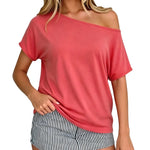 Women Off Shoulder T-shirt Loose Fit Short Sleeve Boat Neck Going Out Tops Casual Summer Shirts Streetwear