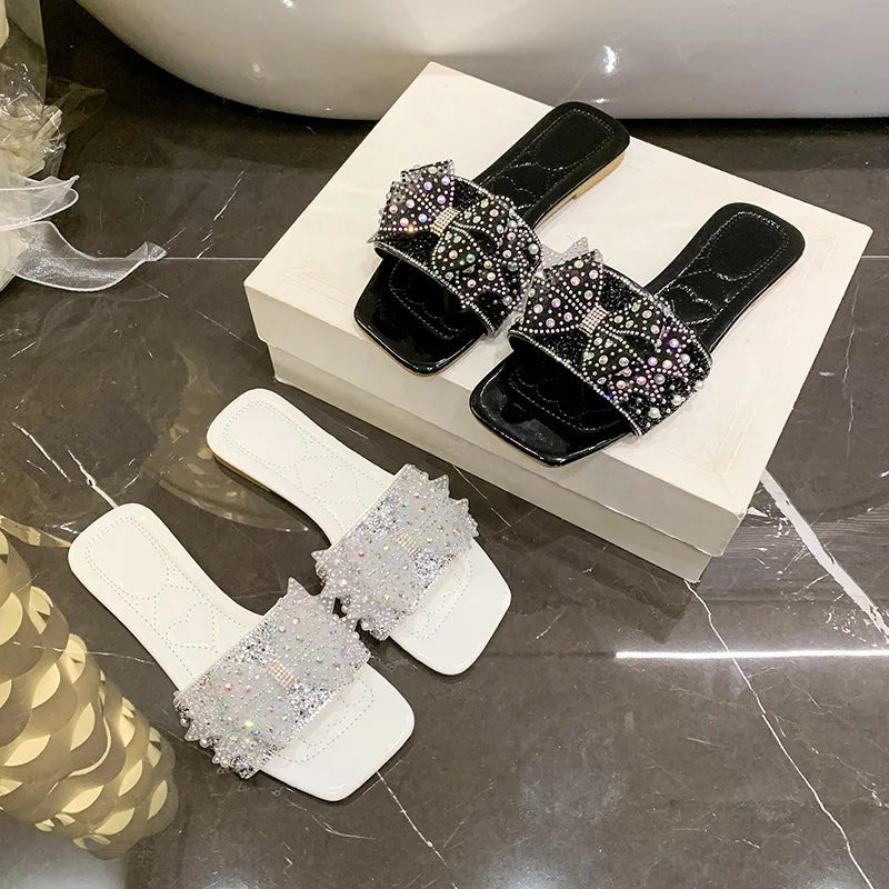 Women Summer ShoesNew Fashion Comfortable Non Slip Bow-knot Slippers Outdoor Soft Sole Rhinestone Dress Style Women Sandal