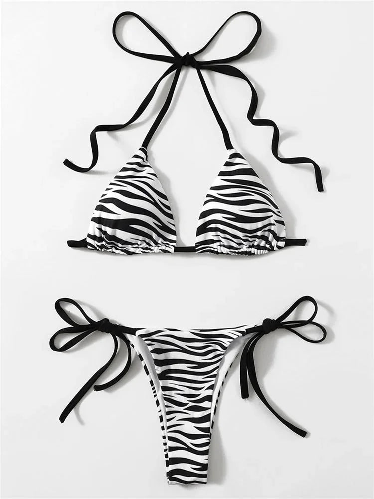 Sexy Zebra Striped Bikini Women Halter Push Up Triangle Swimsuit Brazilian Summer Bathing Suit Micro Swimwear 2025 Swimming Suit