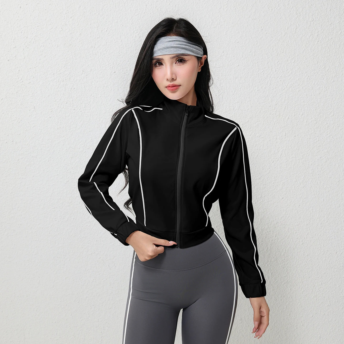 Women's Contrast Color High Elasticity Four-Way Stretch Full Zip Yoga Jacket Quick Dry Breathable Active Wear