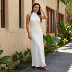 Women Summer Sexy Long Dress Sleeveless Halterneck Backless Solid Color Cocktail Dresses for Party