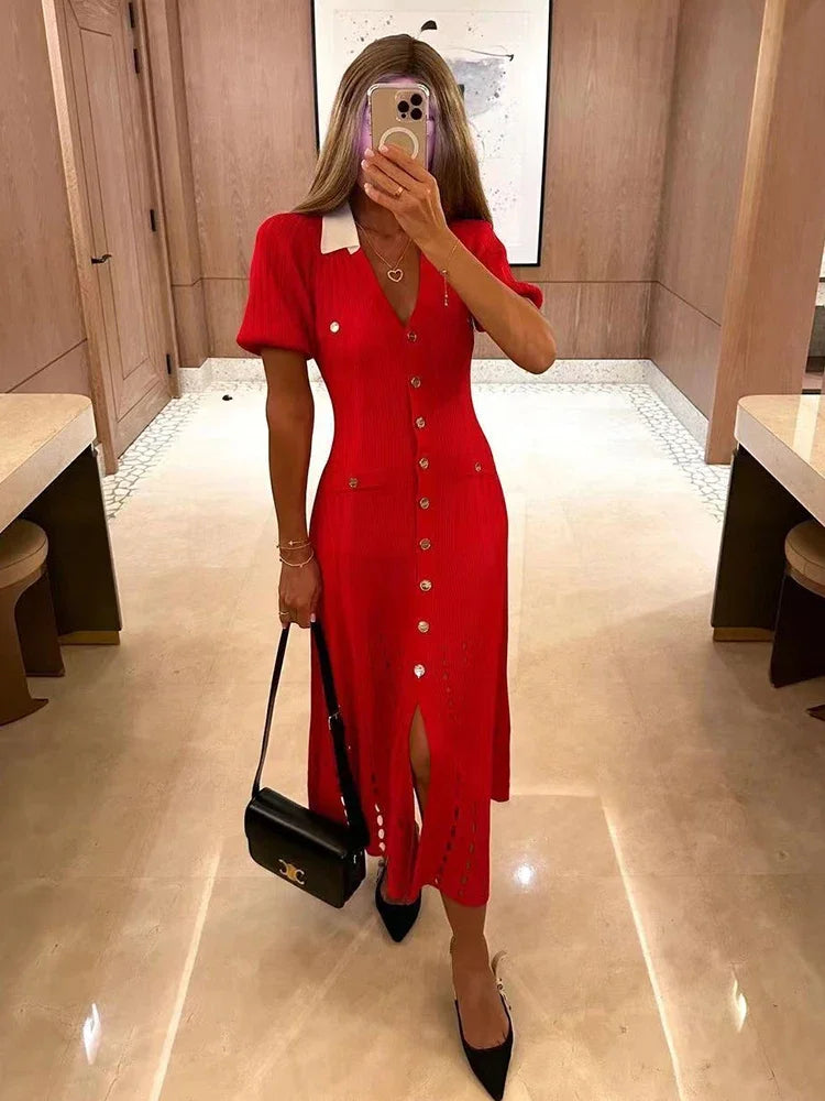 Foridol Red Knitted Polo Dress Autumn Winter Women Dress Casual Elegant Maxi A-line Hollow OutDress Slim Christmas Party