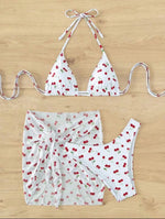 Women French Chic Cherry Print Bikini Sets Three Pieces with Mesh Skirt Swimsuit Swimwear Bathing Suit Beach Outfits Biquini