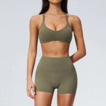 2 Piece Summer Yoga Sets for Women Hollow Back Cross Sports Bra Fitness Clothes Tight High Waist Shorts Running Workout Clothes