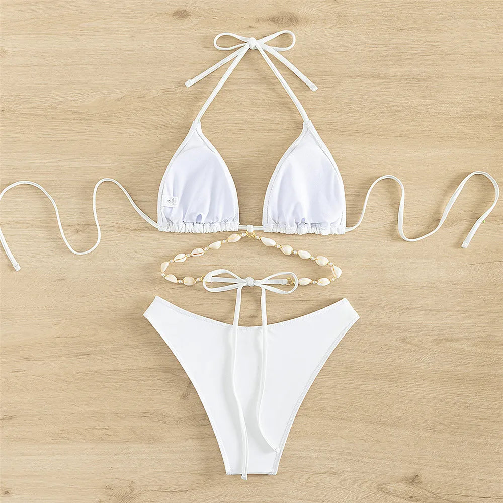 Sexy White Shell String Halter Triangle Bikini Set Women Swimwear Micro Thong Swimsuit Bathing Suit Mini Bikinis 2026 Mujer Swim