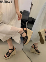 9cm Heeled Wedges Ankle Sandals Black Dress Shoes for Women T-Strap Silver Chunky Heels Summer Platform Bohemia Sandals 2026