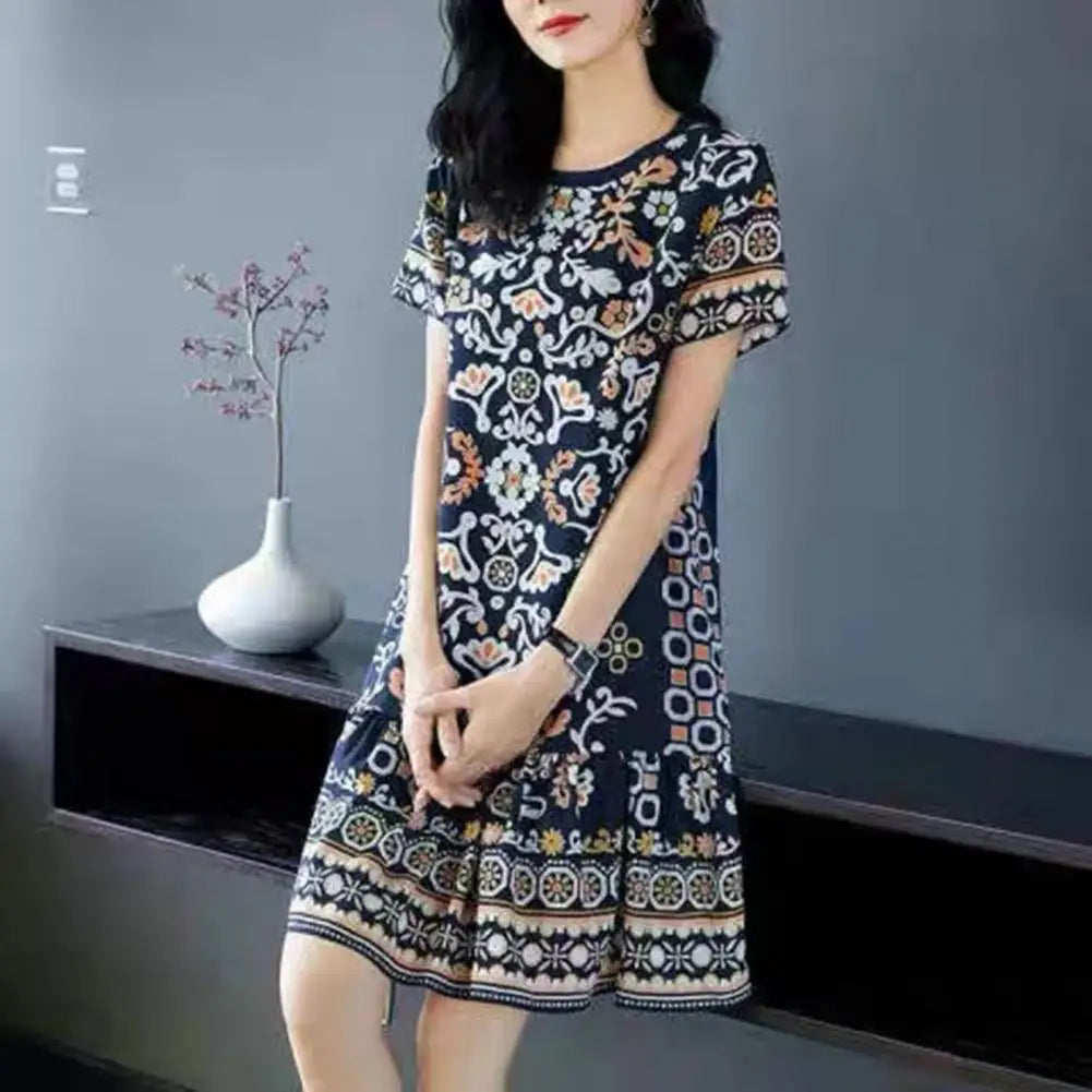 Summer Women Dress Half Sleeves Round Neck Retro Print A-line Big Hem Knee Length Loose Casual Daily Wear Vacation Midi Dress
