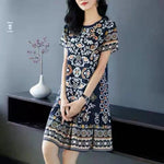 Summer Women Dress Half Sleeves Round Neck Retro Print A-line Big Hem Knee Length Loose Casual Daily Wear Vacation Midi Dress