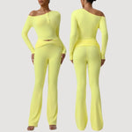 2 Pieces Women's Seamless Yoga Set Long-sleeved Shirt Flared-pants Tracksuit Running Fitness Sports Set Slim-fit High Waist Suit
